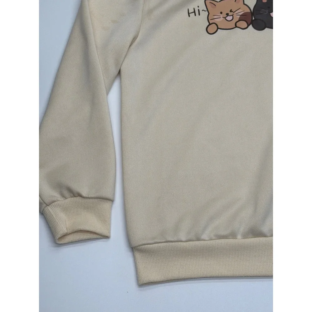 Kids Cream Cartoon Cat Graphic Sweatshirt Long Sleeve Pullover Crewneck 10Y‎